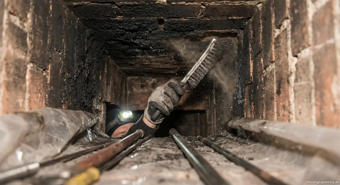Fachmann beim mechanischen Ausschlagen des Kamins mit Kettenwerkzeug