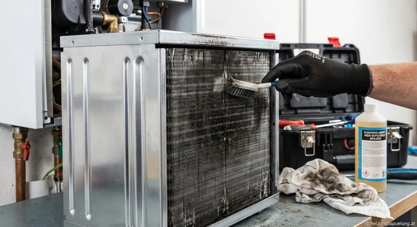 Fachmann reinigt einen modernen Brennwertkessel mit spezialisierten Werkzeugen