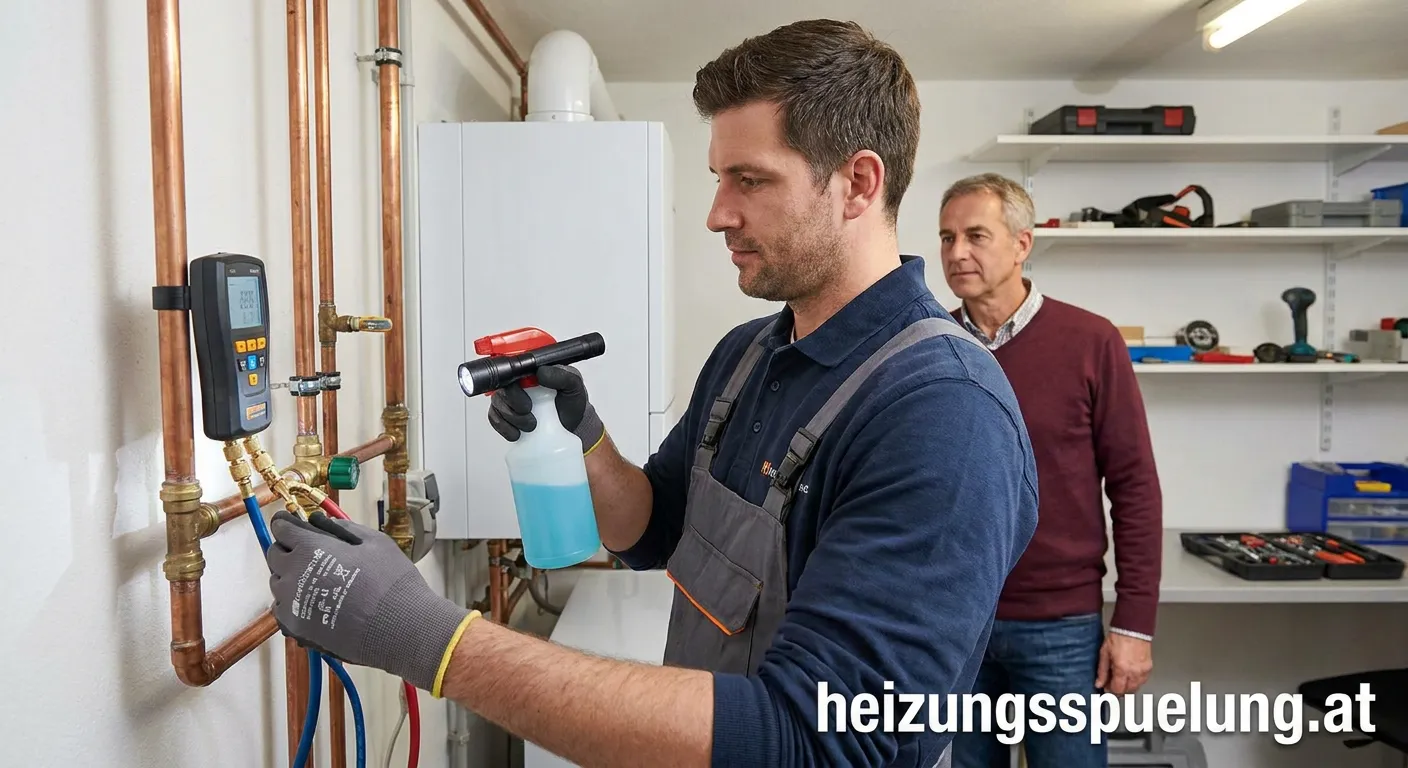 Fachmann führt Dichtheitsprüfung an einer Gasleitung durch