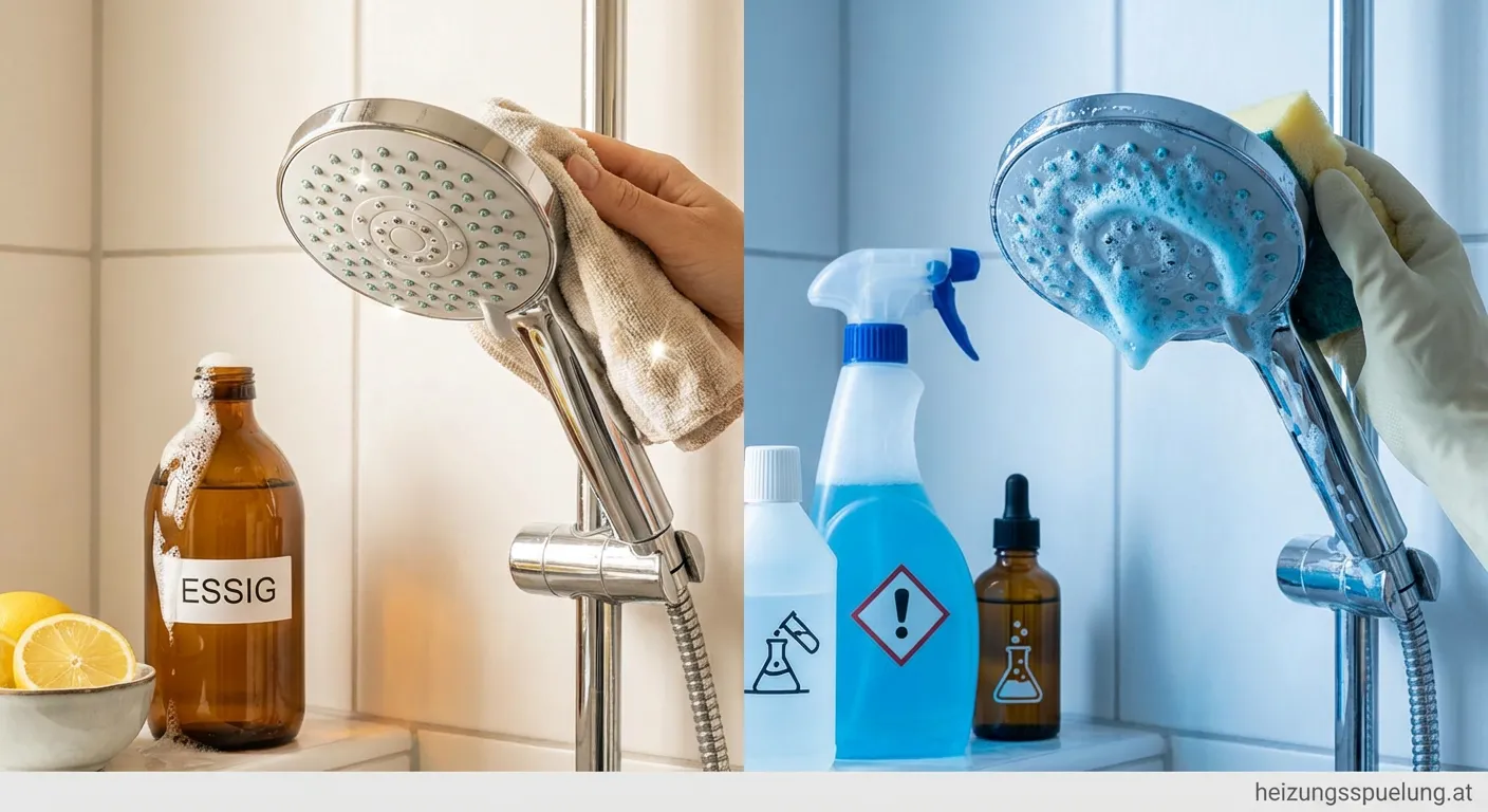 Verkalkter Duschkopf wird gereinigt im Vergleich Essig gegen Chemie