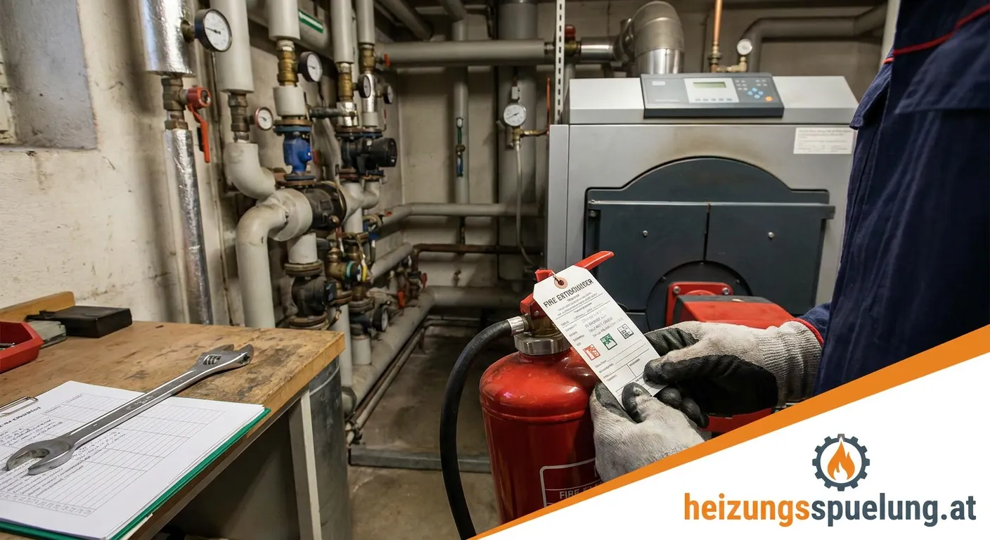 Roter Handfeuerlöscher an weißer Wand eines modernen Heizraums