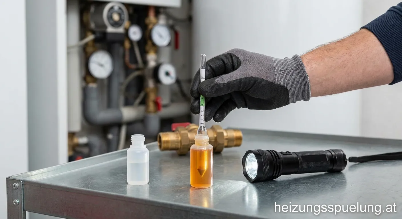 Handwerker beim Prüfen von Frostschutz im Heizungswasser mit Refraktometer