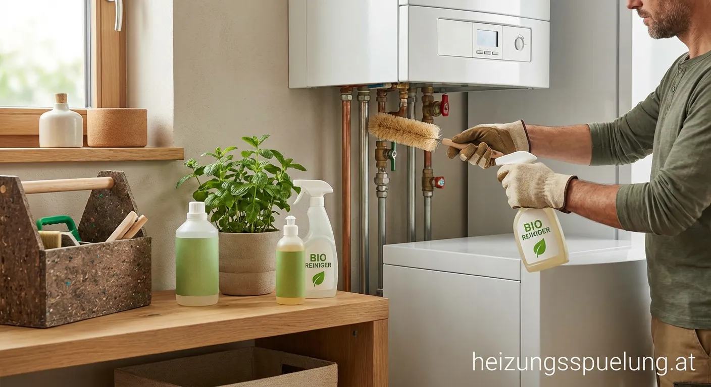Techniker verwendet biologischen Reiniger an einer Heizungsanlage
