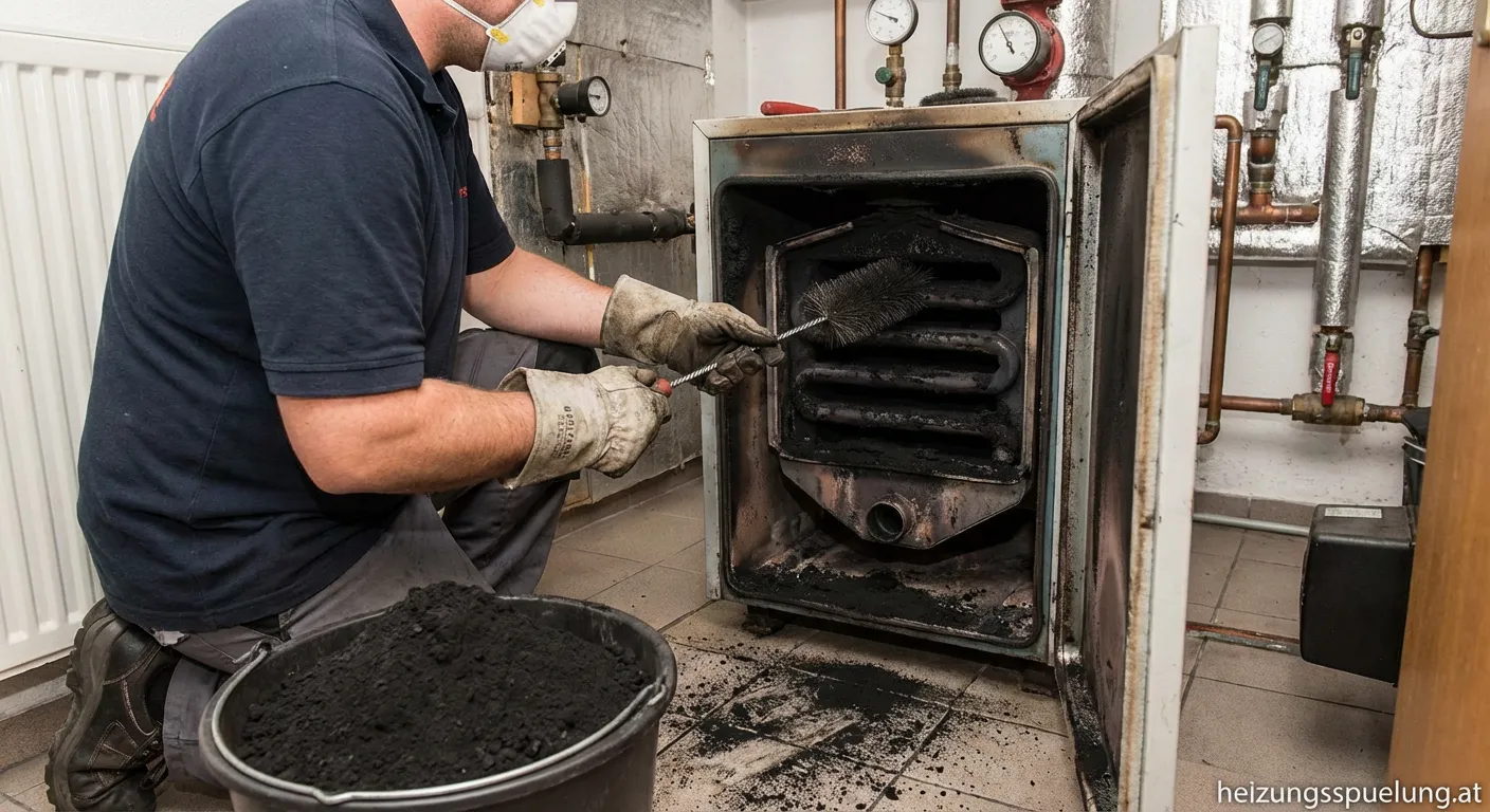 Fachmann beim Entrußen eines Heizkessels mit Spezialbürste