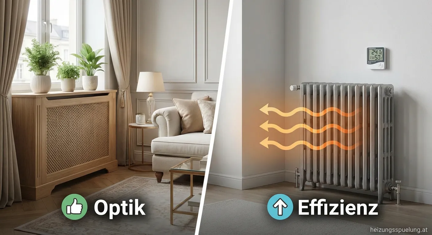 Moderne Heizkörperverkleidung aus Holz mit Lüftungsschlitzen in einem Wohnzimmer