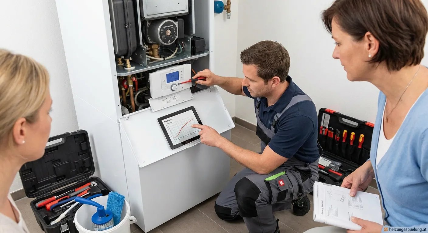 Techniker stellt die Heizkurve an einer modernen Heizungsanlage nach der Wartung ein