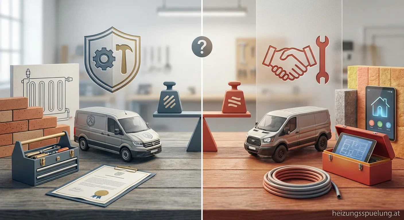 Vergleichssymbolik: Werkzeuge eines Innungsbetriebes und eines freien Handwerkers