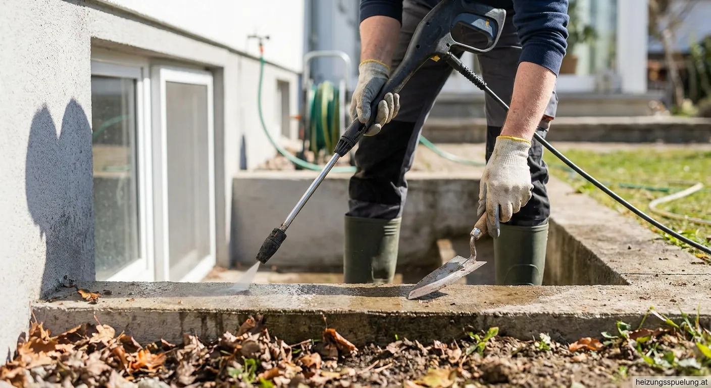 Ein Handwerker führt eine professionelle Kellerschachtreinigung durch