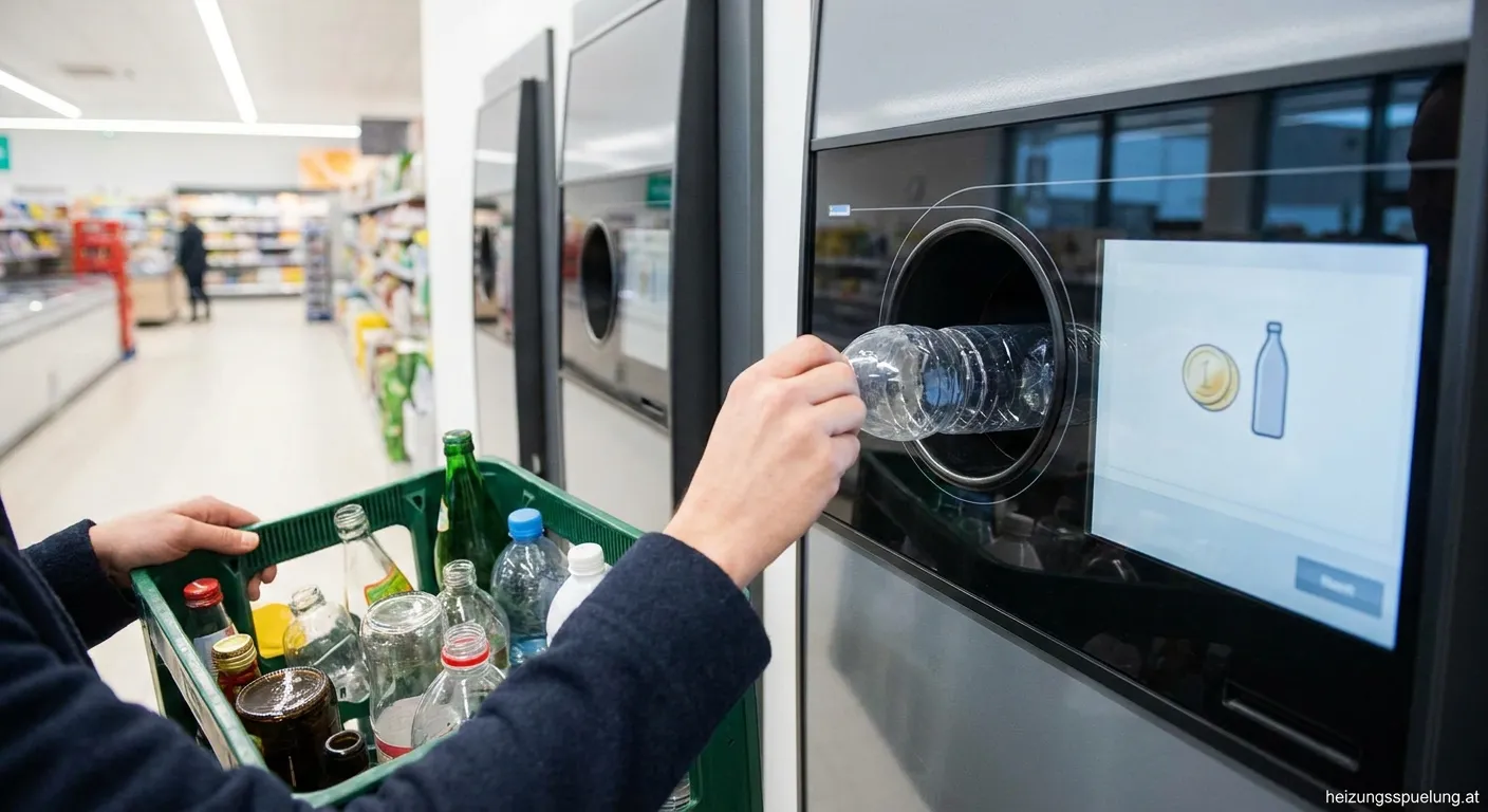 Person gibt leere Flaschen am Pfandautomaten zurück