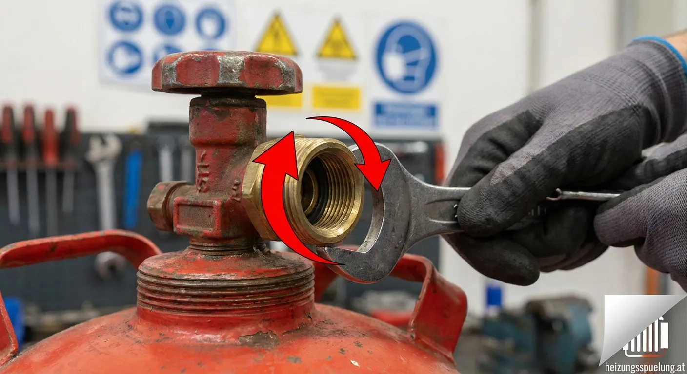 Nahaufnahme eines Gasflaschenventils mit Linksgewinde-Markierung