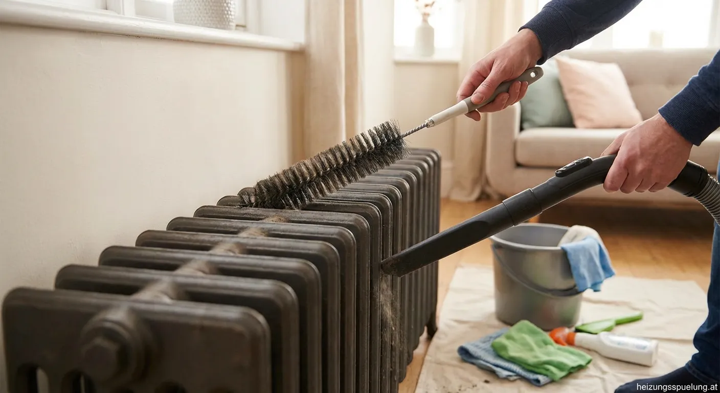 Person reinigt weißen Rippenheizkörper mit einer speziellen Bürste
