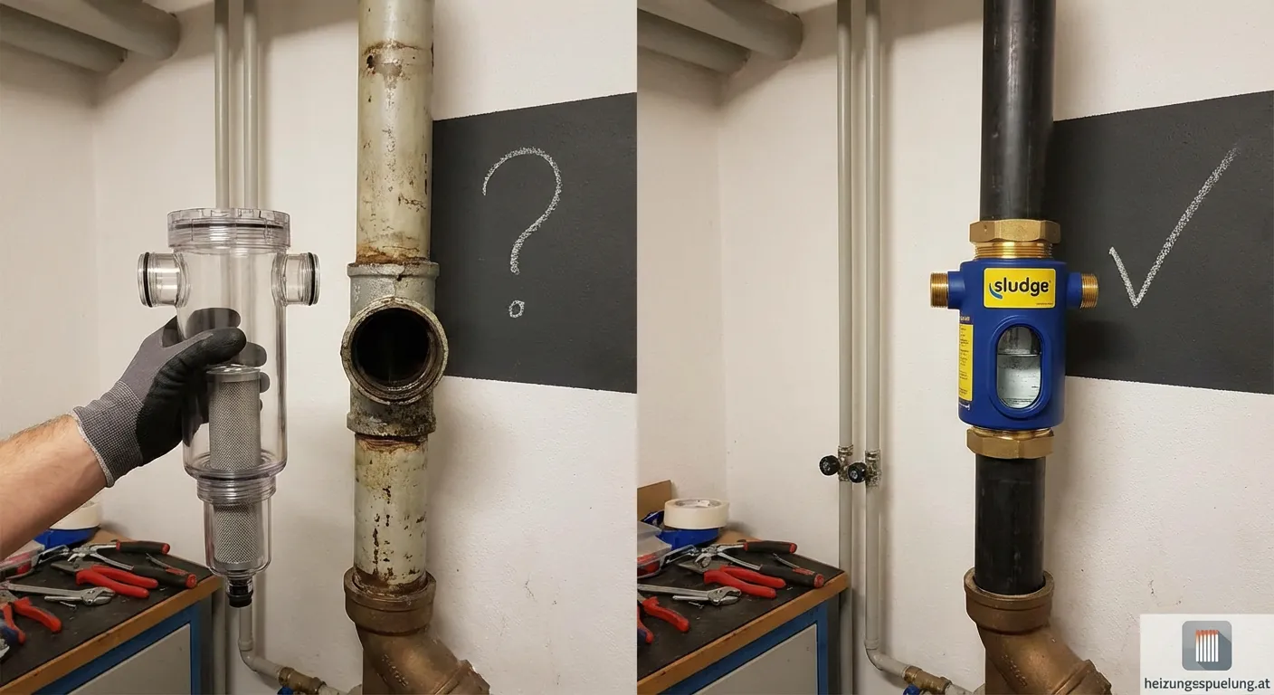 Techniker installiert Schlammabscheider an Heizungsrohren