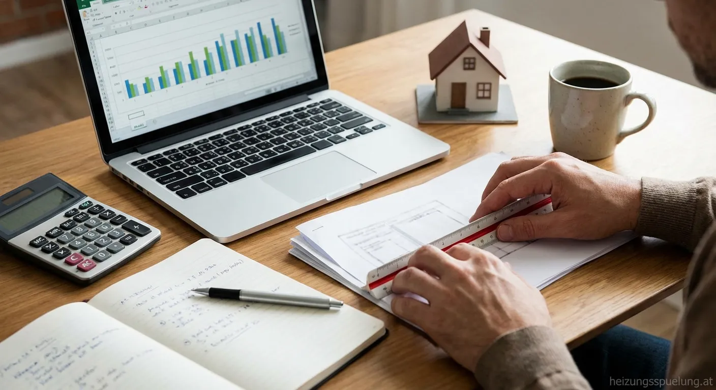 Selbstabrechnung der Heizkosten mit Unterlagen und Rechner