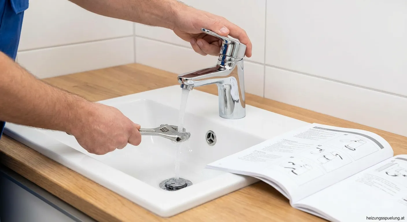 Handwerkler stellt Selbstschlussarmatur mit Werkzeug ein