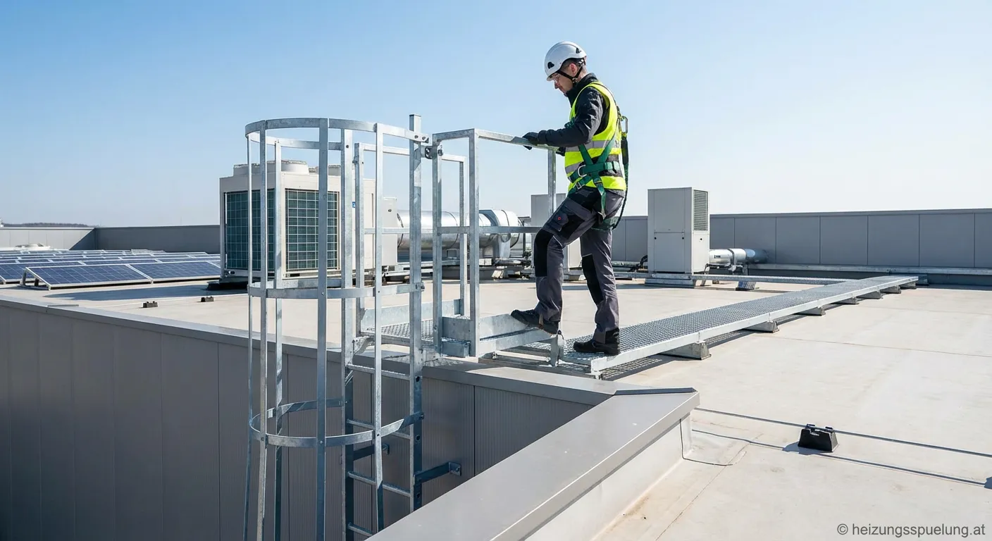 Handwerker nutzt Laufsteg für sicheren Zugang zur Wartung auf dem Dach