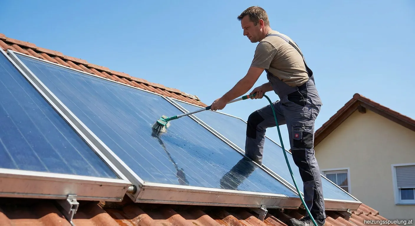 Techniker wartet Solarthermie-Kollektoren auf einem Hausdach