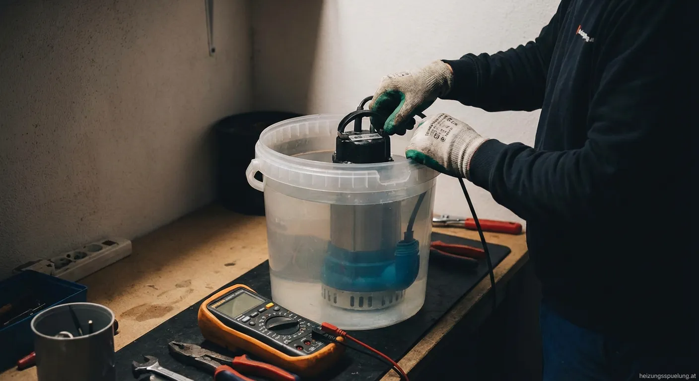 Mann prüft eine Tauchpumpe mit einem Multimeter
