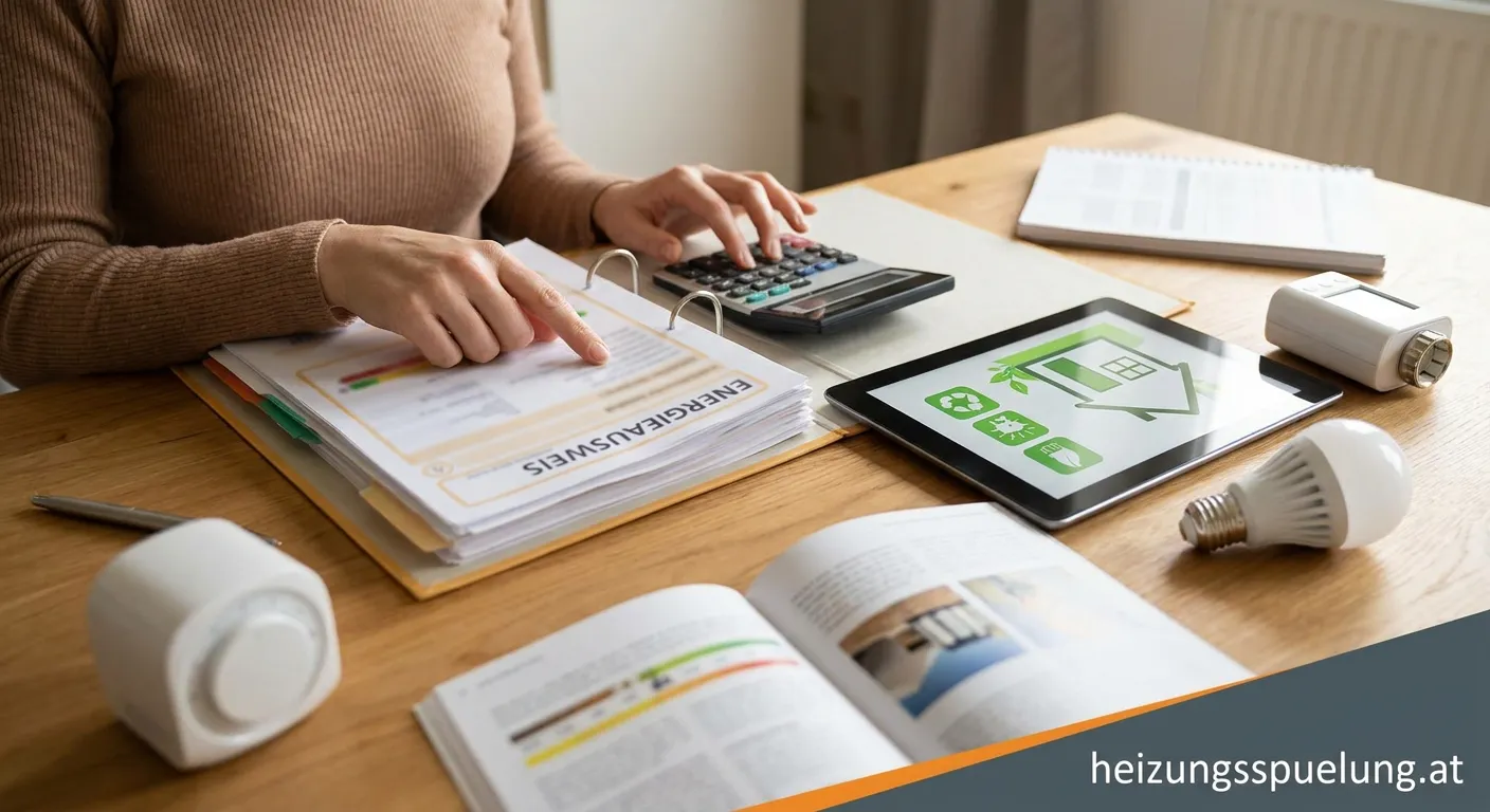 Energieausweisdokument mit Energiesparklasse auf einem Schreibtisch