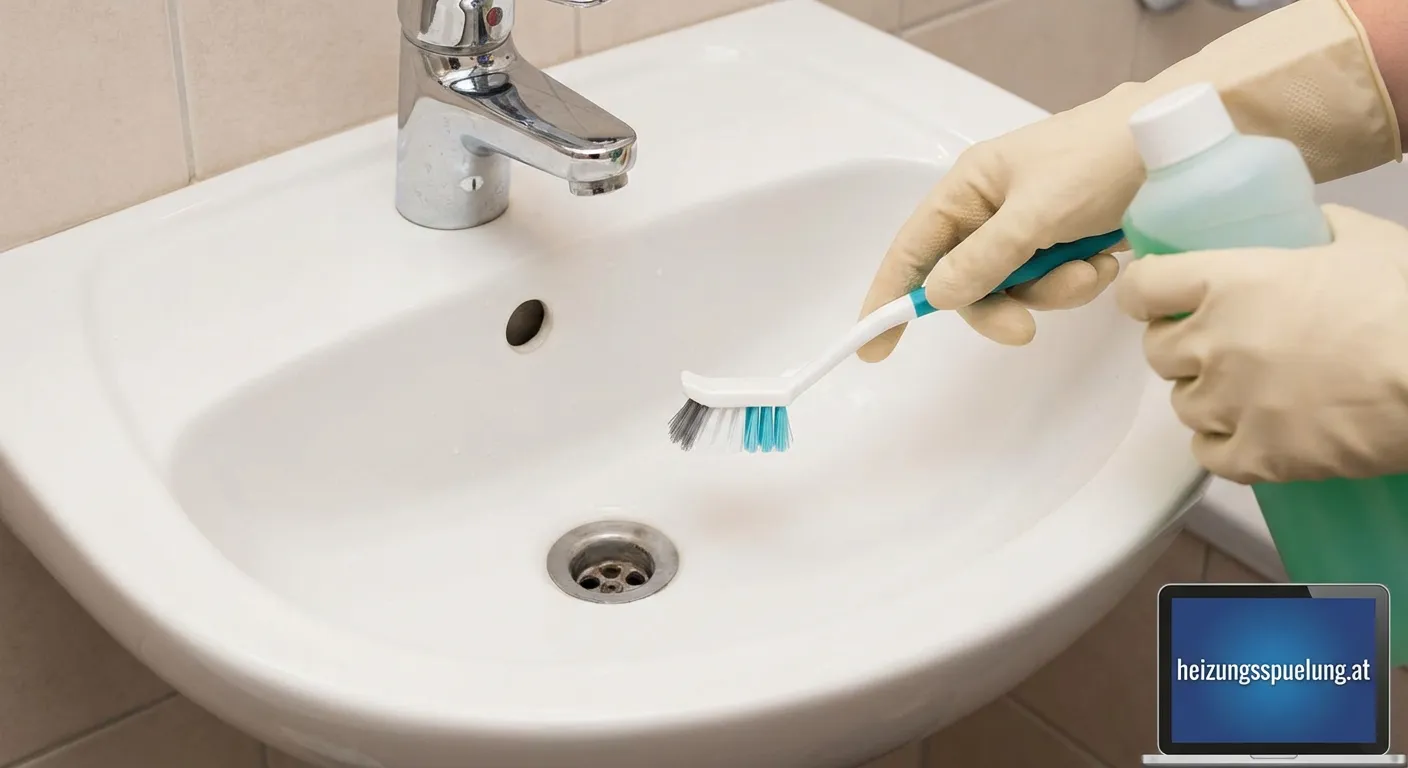 Person reinigt den Überlauf am Waschbecken mit einer kleinen Bürste