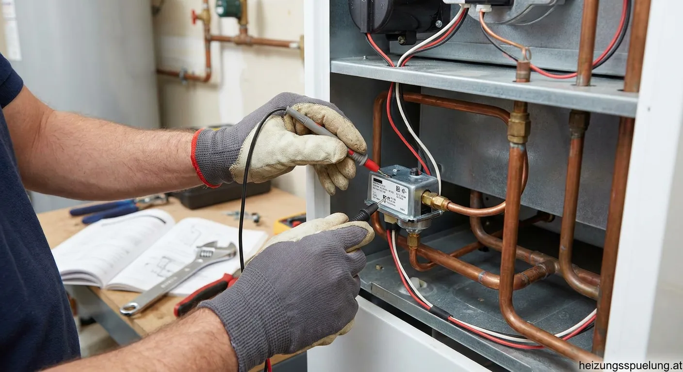 Unterdruckwächter an einer Heizung wird mit Multimeter getestet