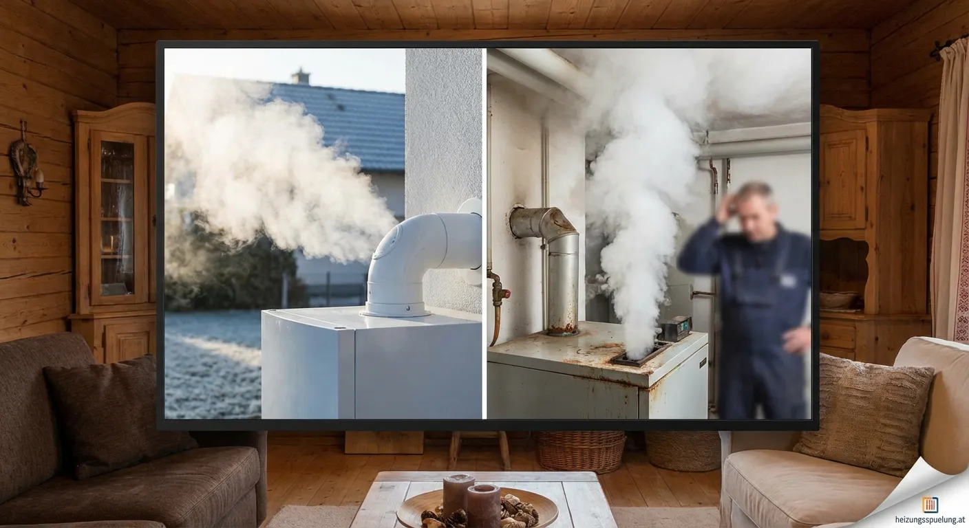 Weißer Rauch steigt aus einem roten Backstein-Schornstein in den Himmel auf